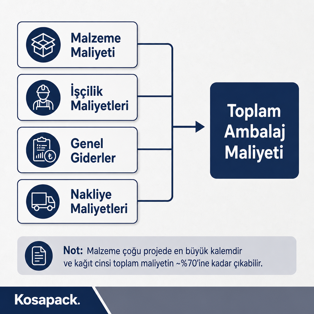 Malzeme, işçilik, genel gider ve nakliyenin toplam ambalaj maliyetini oluşturduğunu gösteren infografik.
