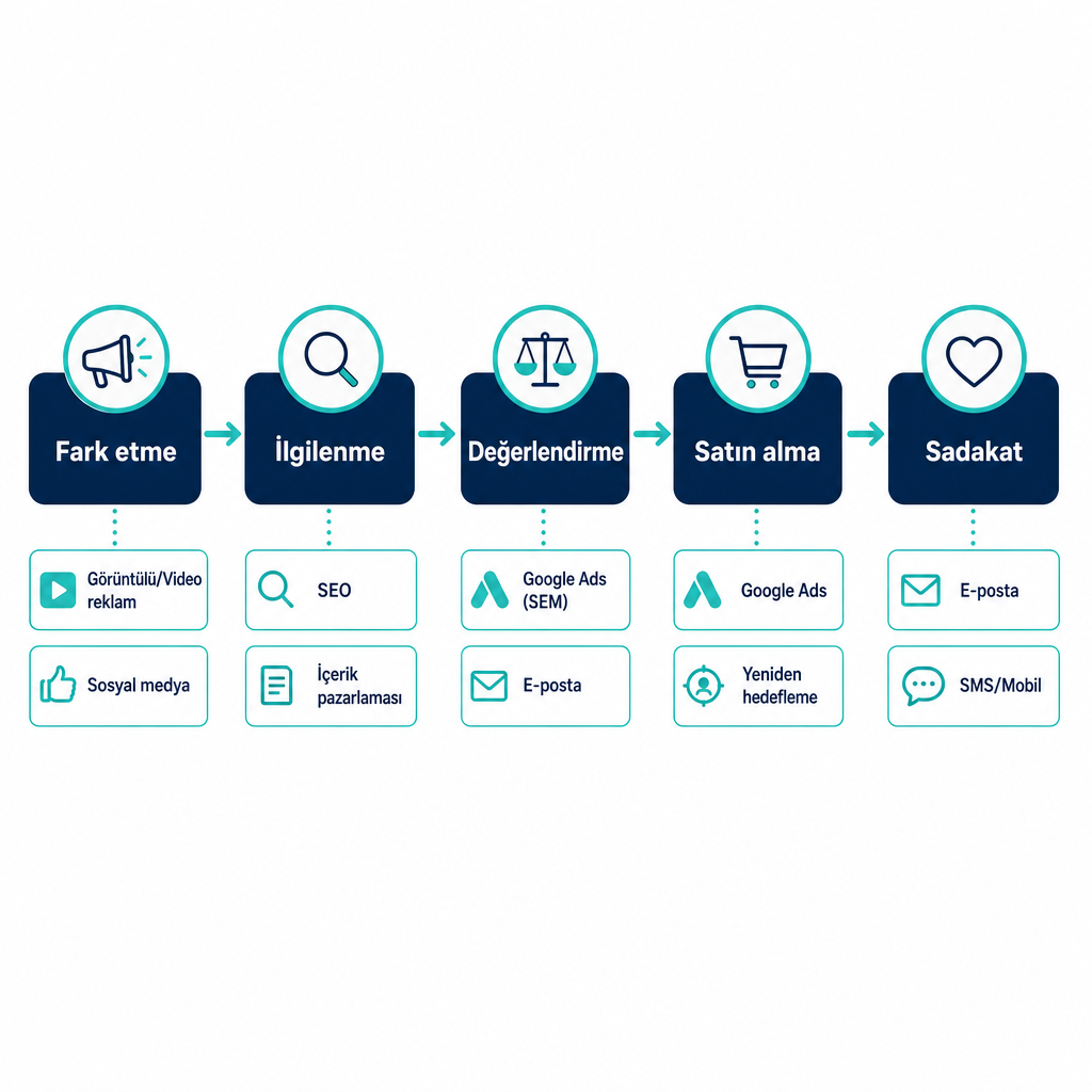 A diagram showing the five stages of the customer journey and the digital marketing channels that stand out at each stage.