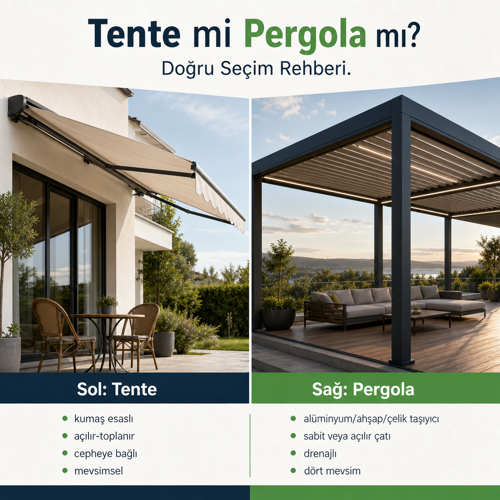 Solda cepheye bağlı kumaş tente, sağda lamelli tavanlı alüminyum pergola gösteren karşılaştırma görseli.