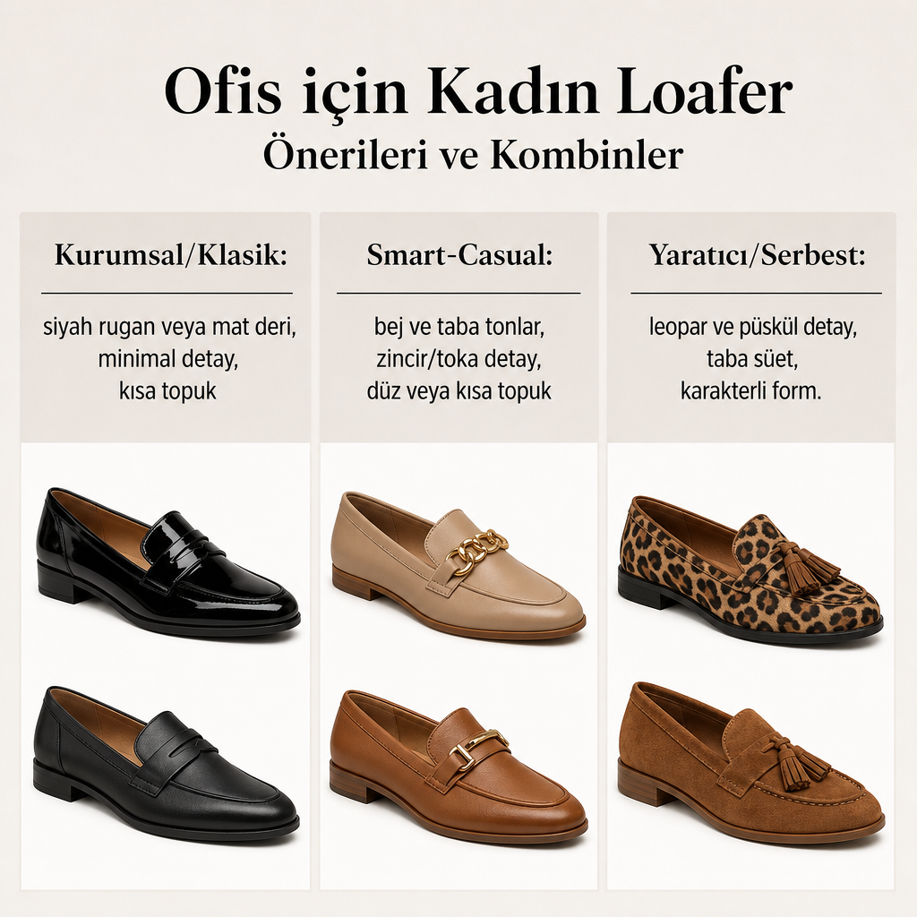 Üç ofis giyim kodunu loafer özellikleriyle eşleştiren karşılaştırma görseli
