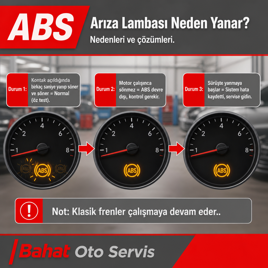ABS ışığının normal öz test, sönmeme ve sürüşte yanma durumlarını gösteren üç aşamalı diyagram