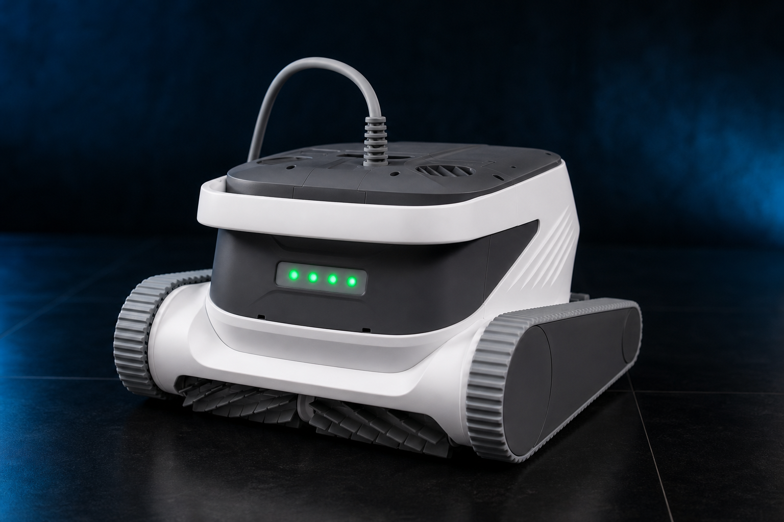 Gri-beyaz gövdeli, paletli Hydro6 UV havuz temizleme robotu önden-sol açıdan.