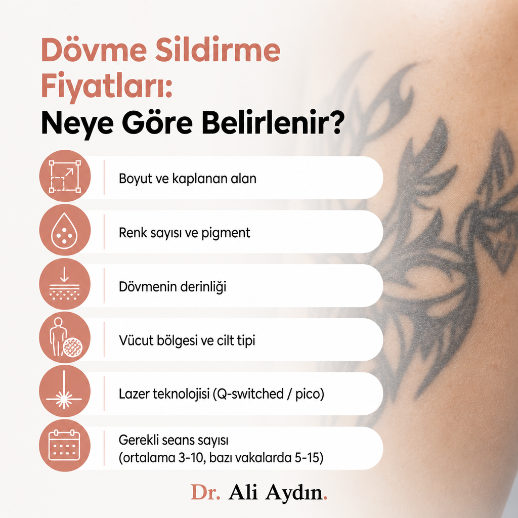 Dövme sildirme fiyatını etkileyen altı ana etkeni gösteren infografik