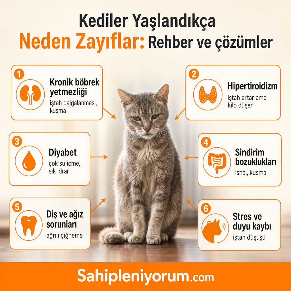 Yaşlı kedilerde kilo kaybının altı temel nedenini gösteren bilgilendirici görsel