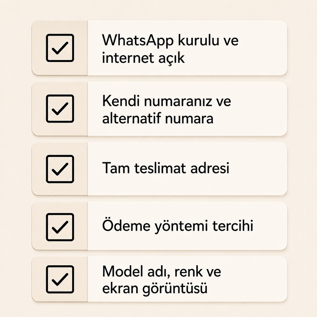 Sipariş öncesi hazırlanması gereken beş maddeyi gösteren kontrol listesi görseli