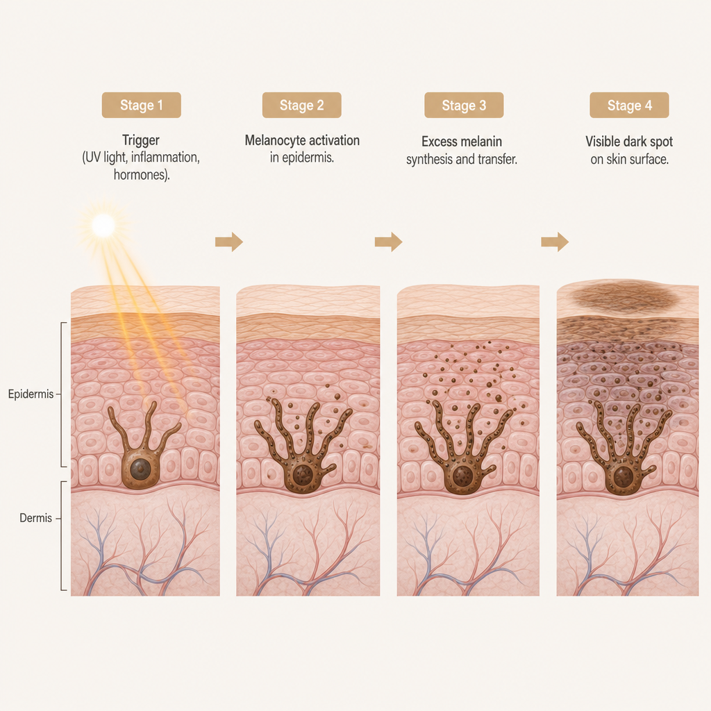 Diagram tracing a skin trigger through melanocyte activation and melanin transfer to a visible dark spot.