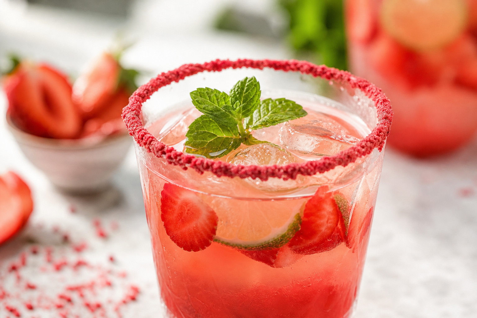 Kenarı doğal meyve tozuyla süslenmiş renkli bir mocktail bardağı yakın plan