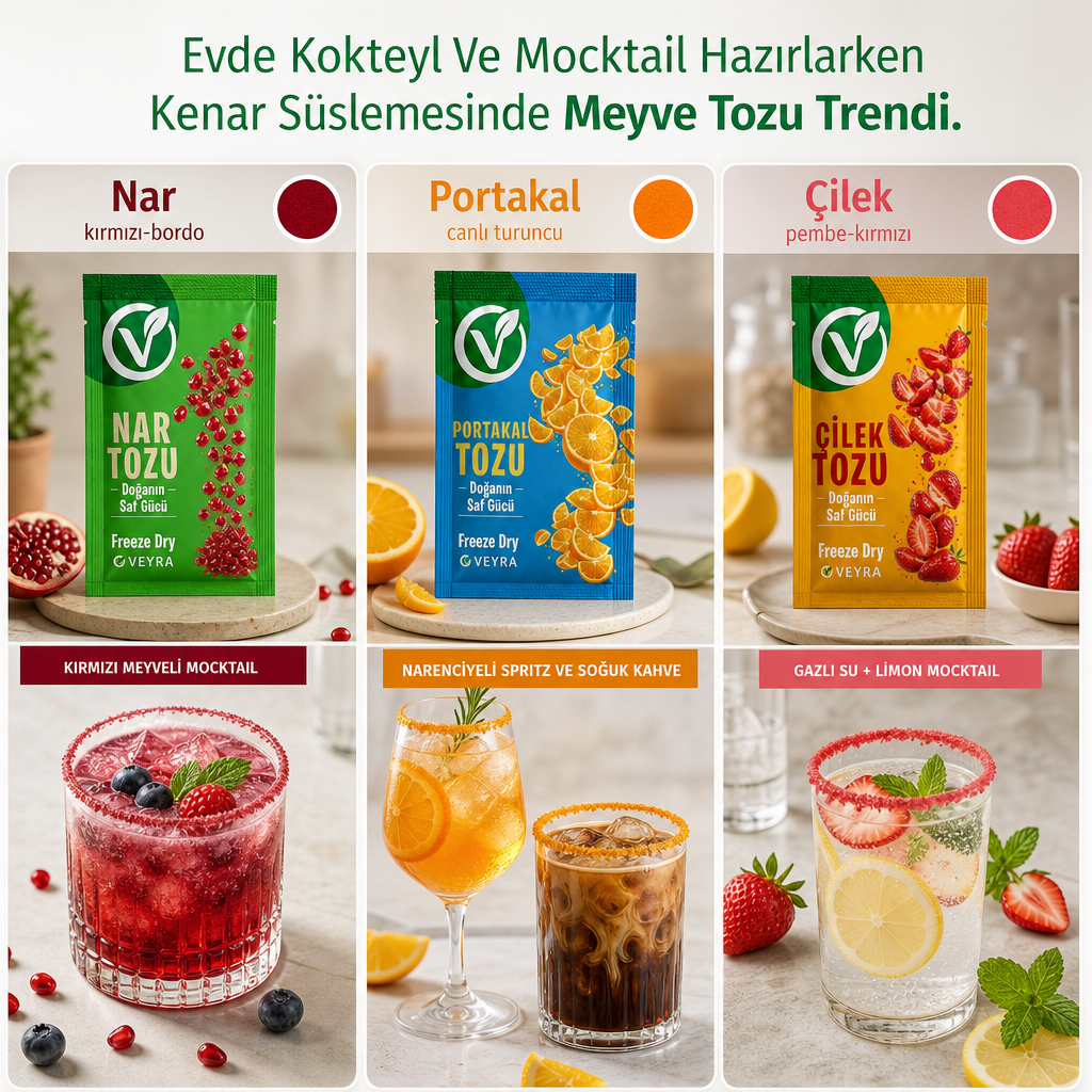 Nar, portakal ve çilek tozlarının renk ve içecek eşleşmelerini gösteren karşılaştırma görseli