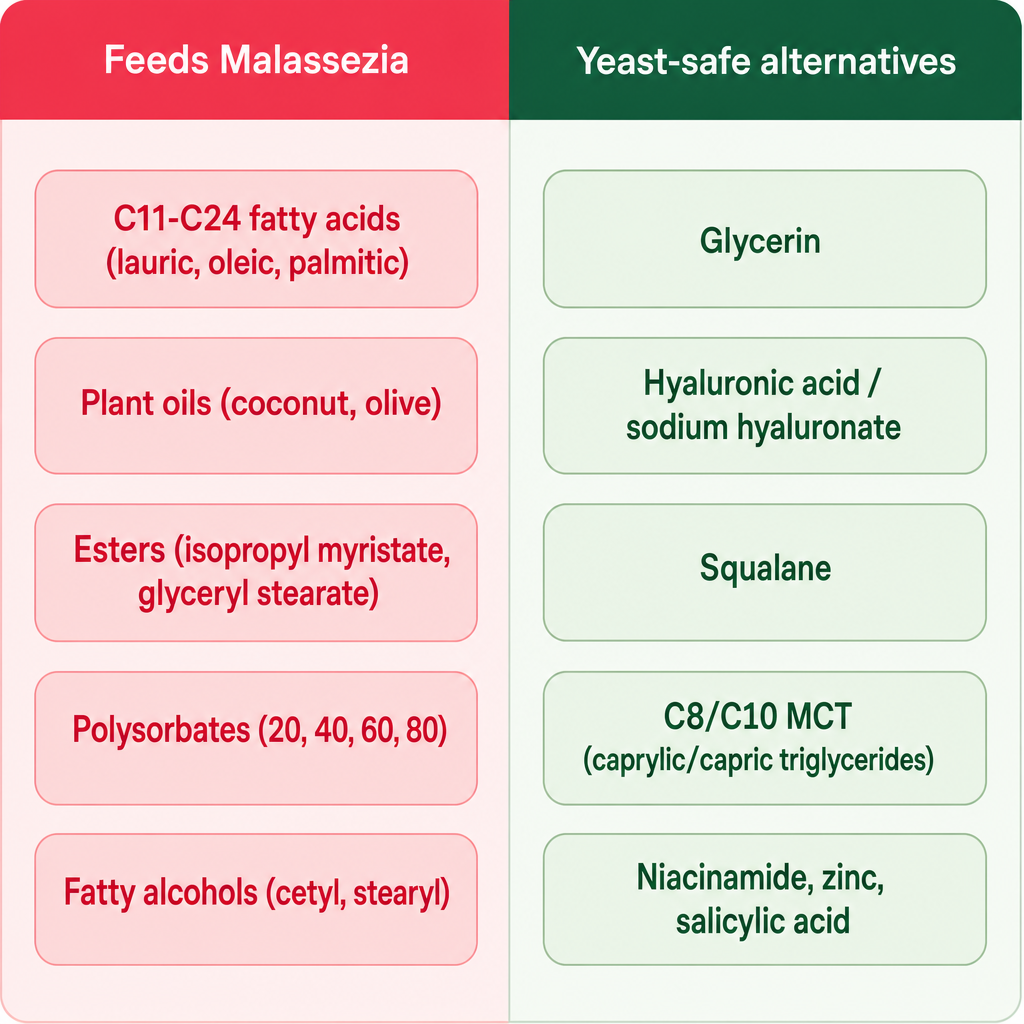 Comparison chart showing ingredients that feed Malassezia next to yeast-safe alternatives.