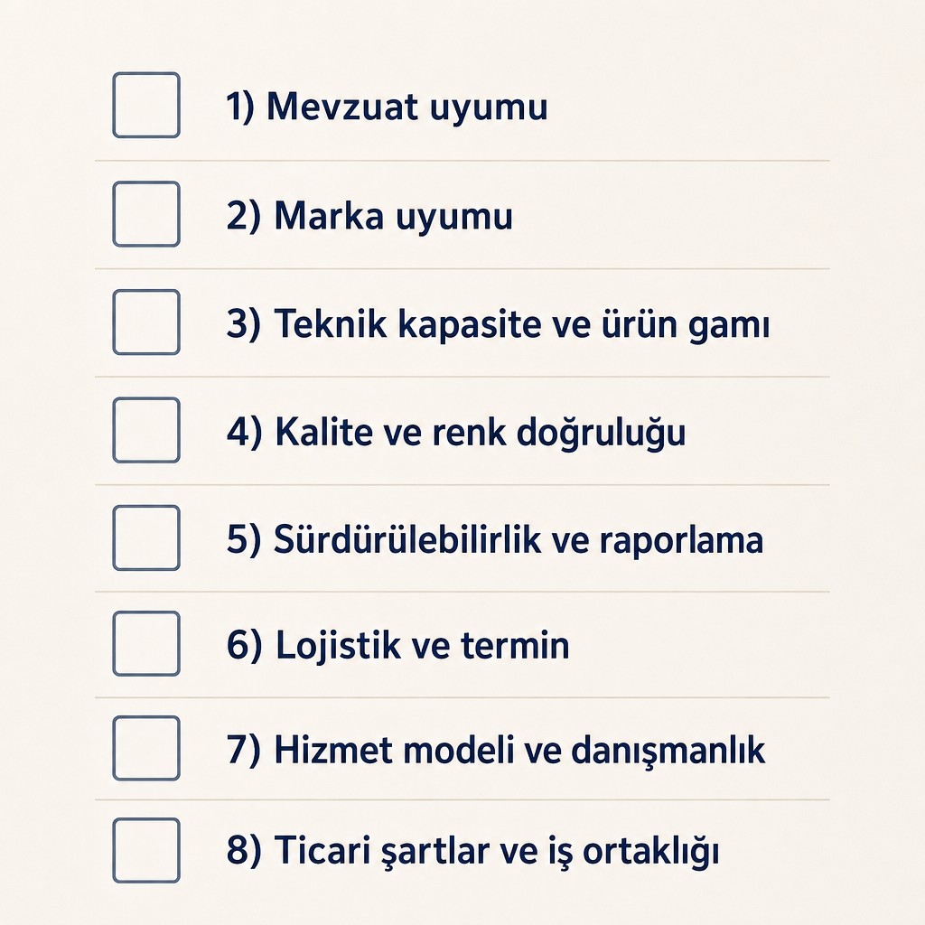 Ambalaj tedarikçisi seçiminde değerlendirilecek sekiz kriteri gösteren kontrol listesi