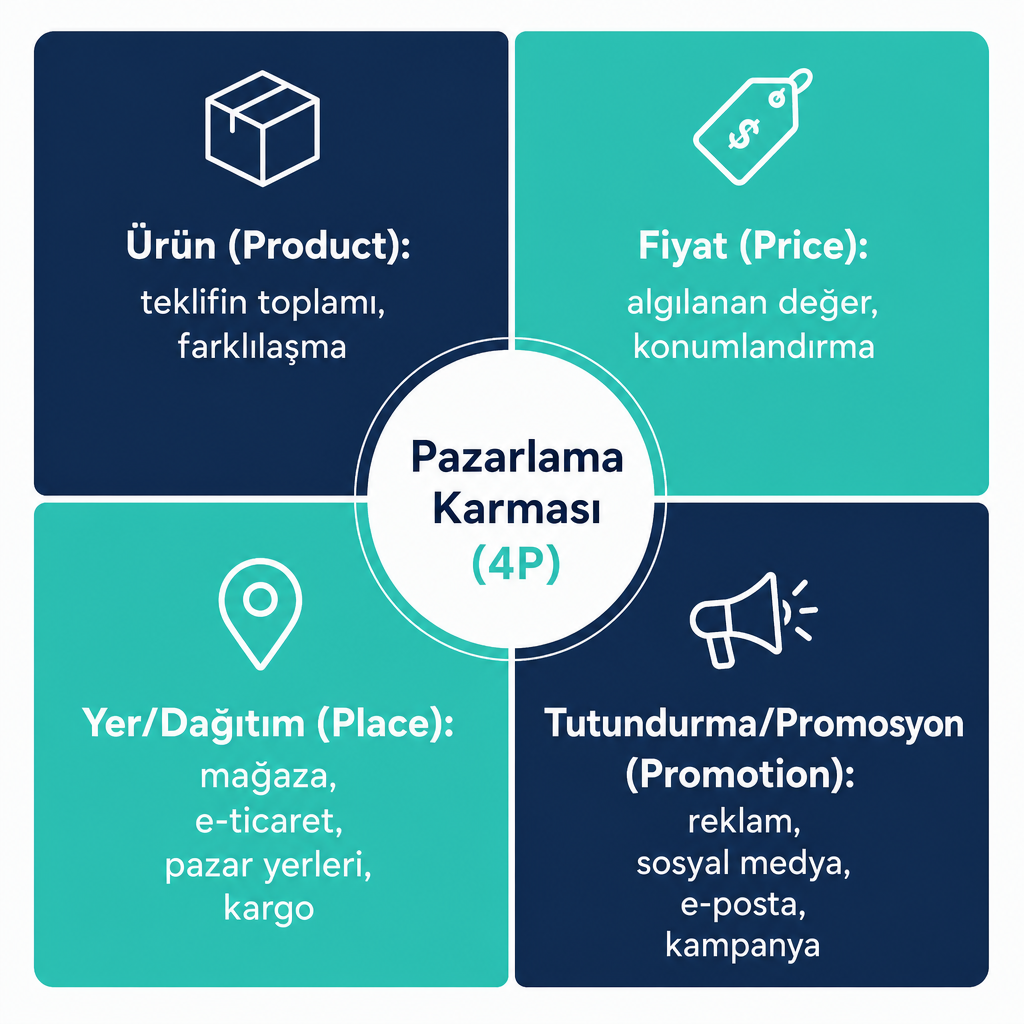 Ürün, fiyat, yer ve tutundurma başlıklarını gösteren dört bölümlü pazarlama karması diyagramı