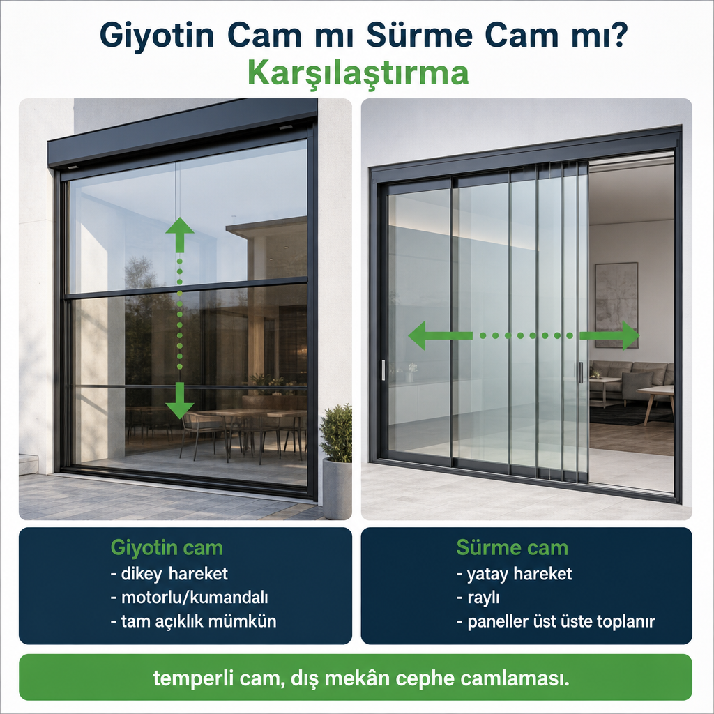 Giyotin camın dikey, sürme camın yatay hareketini karşılaştıran teknik görsel.