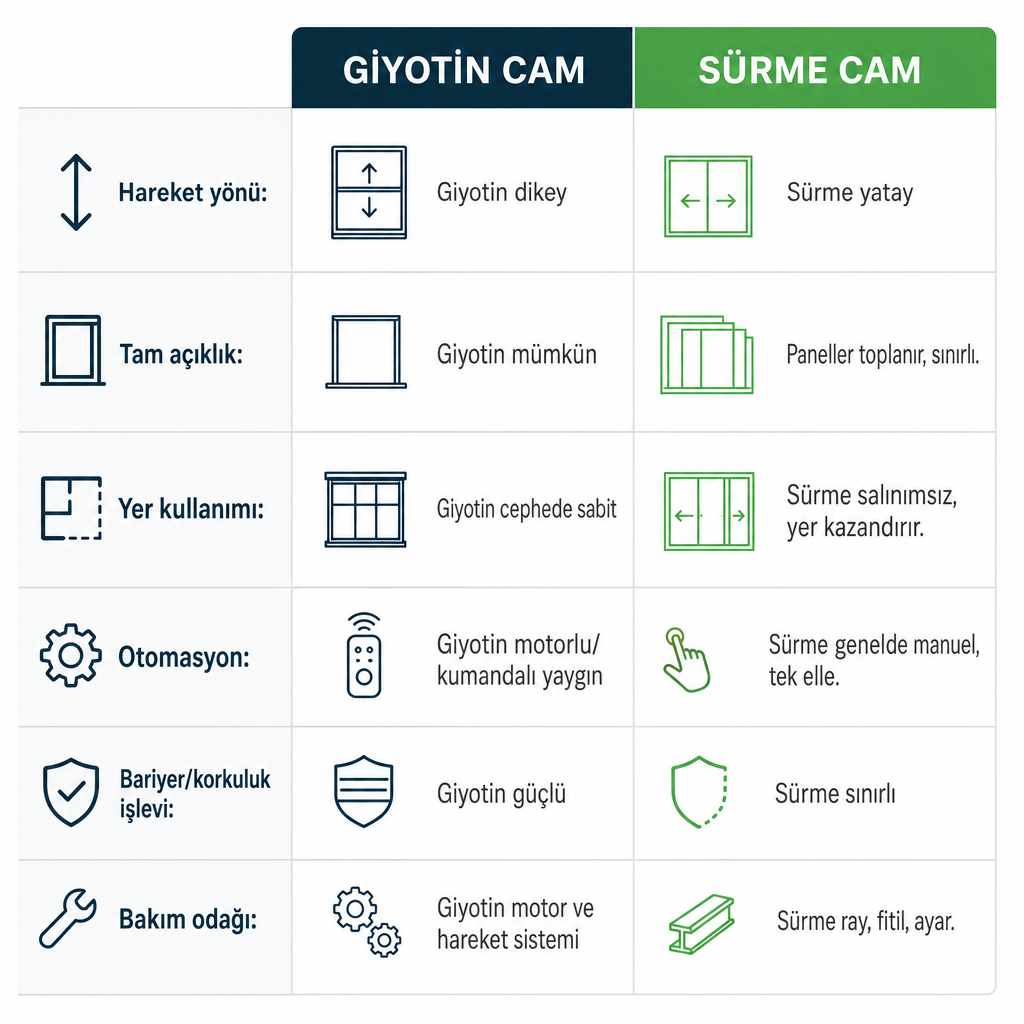 Giyotin cam ve sürme camı kriter kriter karşılaştıran tablo görseli.
