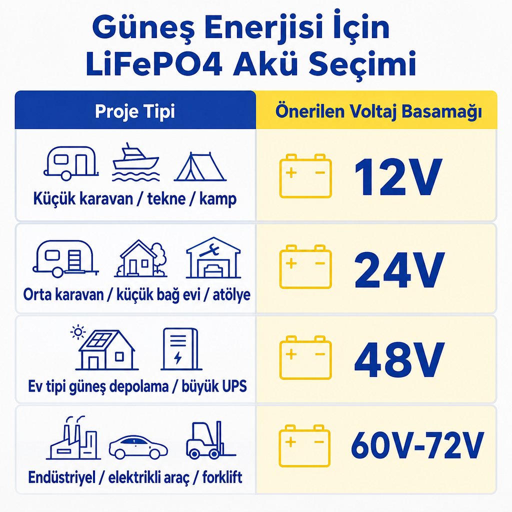 Proje tiplerini önerilen LiFePO4 voltaj basamaklarıyla eşleştiren karşılaştırma tablosu
