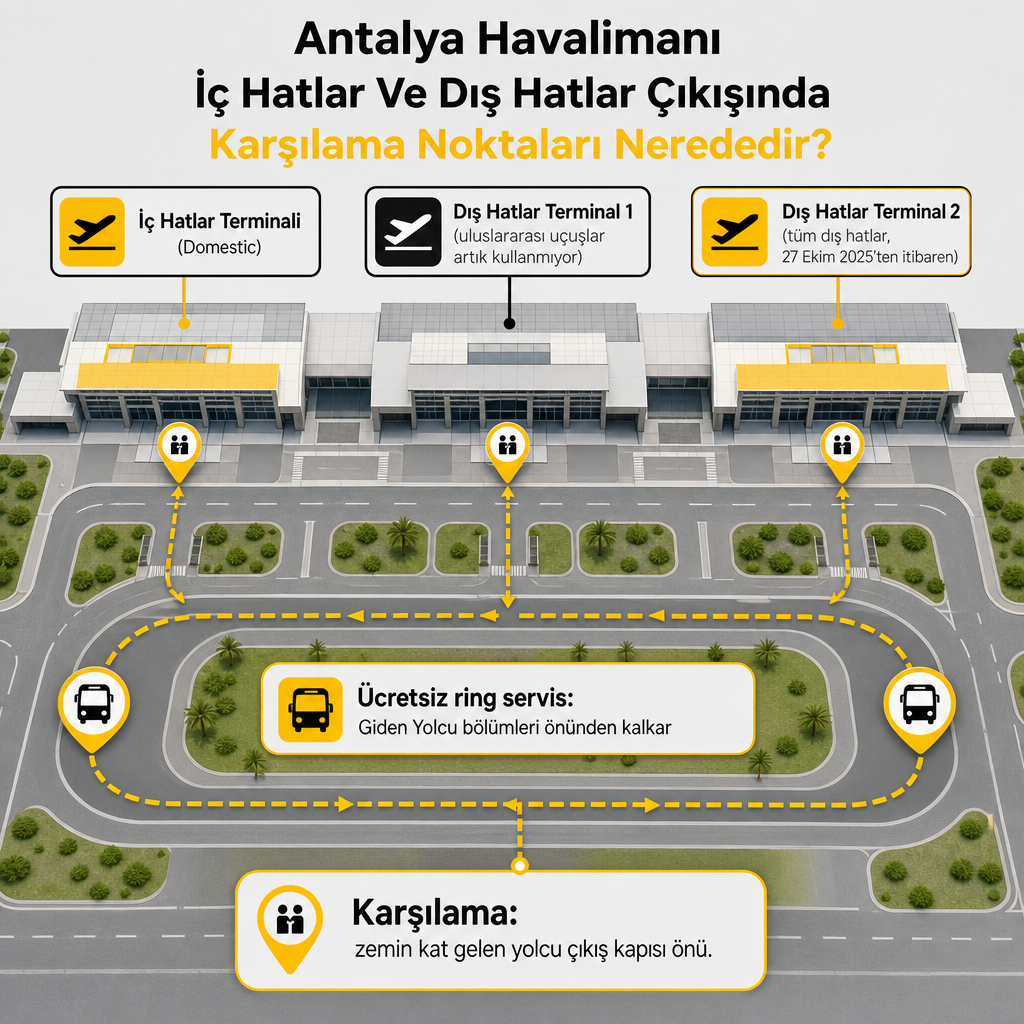 Diagram showing the three terminals of Antalya Airport and the free shuttle service connection between terminals