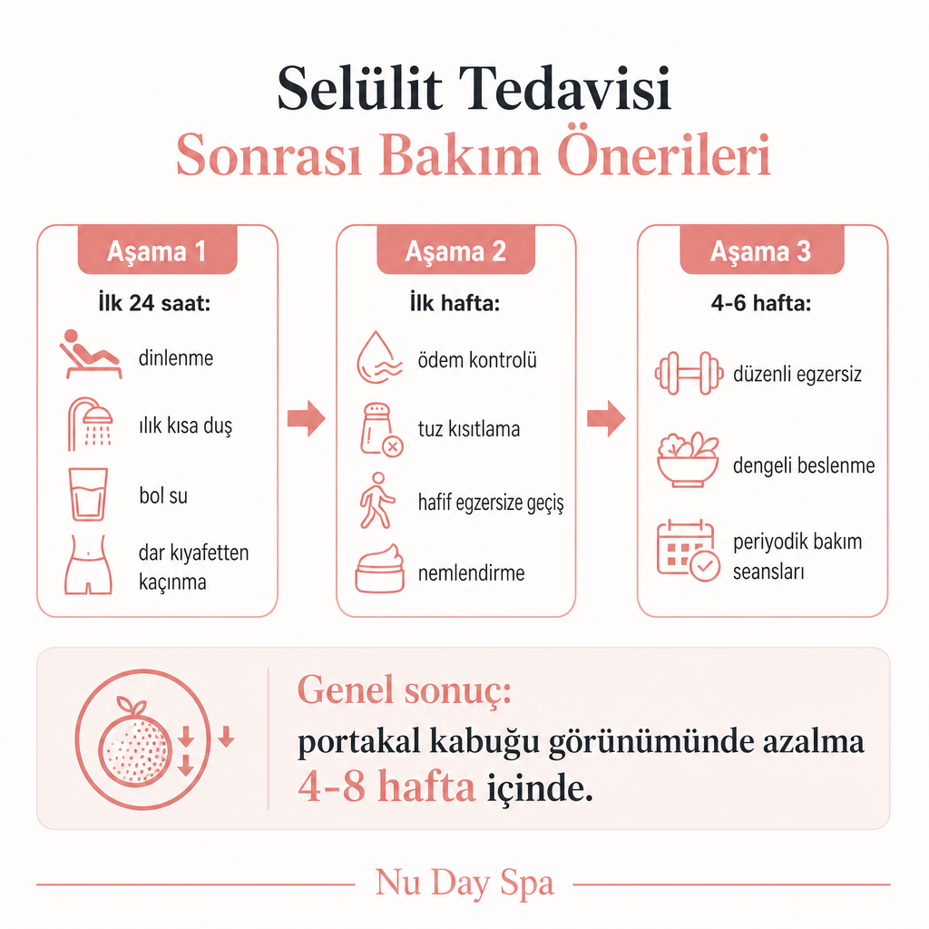 Selülit tedavisi sonrası ilk 24 saat, ilk hafta ve 4-6 haftalık bakım aşamalarını gösteren süreç şeması.