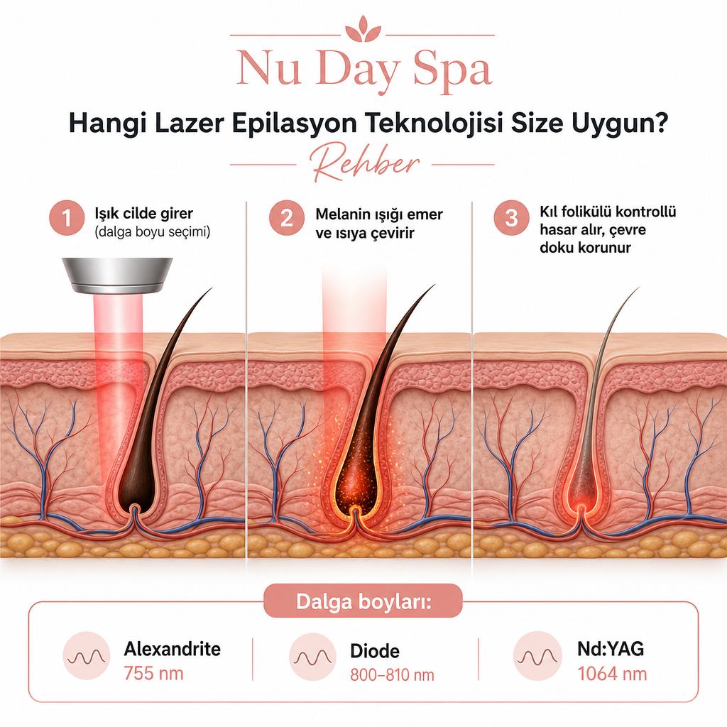 Lazer ışığının kıl kökündeki melanin tarafından emilerek ısıya dönüştüğünü gösteren üç aşamalı cilt kesiti diyagramı