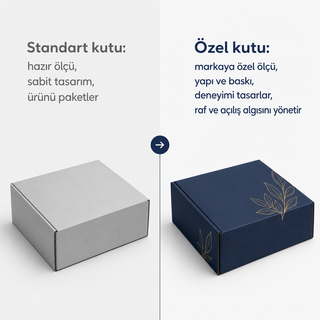 Standart kutu ile markaya özel kutunun temel farklarını gösteren karşılaştırma görseli