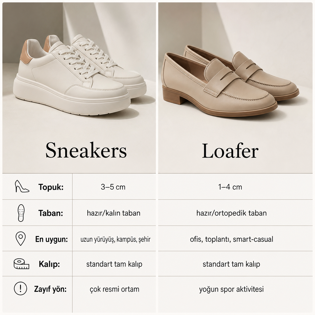 Sneakers ve loafer modellerinin topuk, taban, kullanım ve kalıp açısından karşılaştırıldığı görsel.
