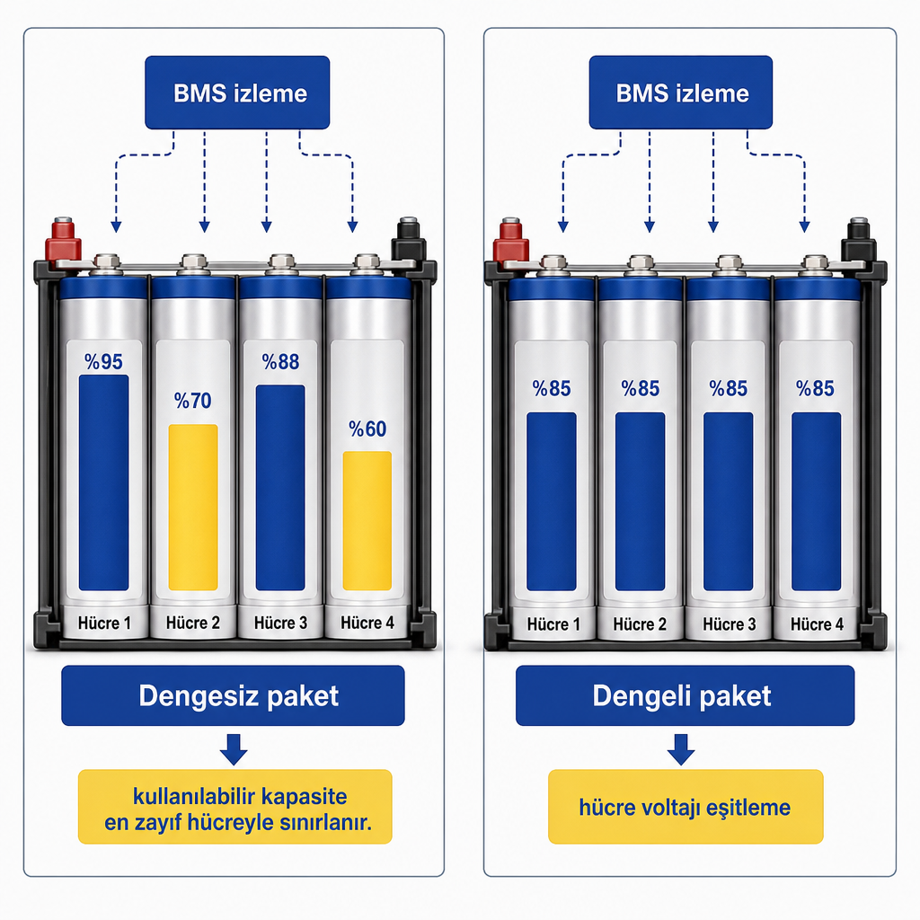 Dengesiz ve dengeli hücre paketlerinin voltaj seviyelerini karşılaştıran teknik şema.