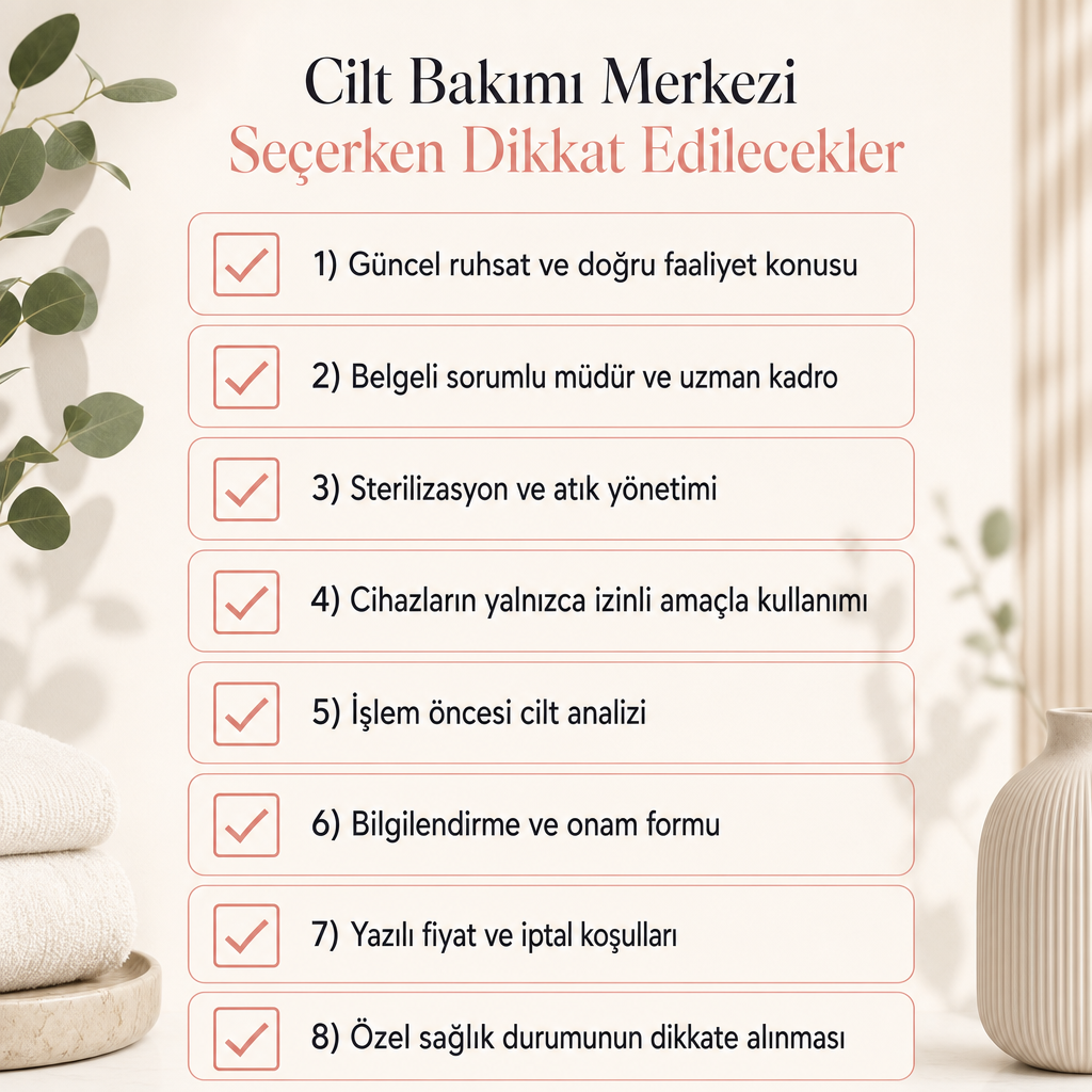 Cilt bakımı merkezi seçerken kontrol edilecek sekiz maddelik onay listesi infografiği