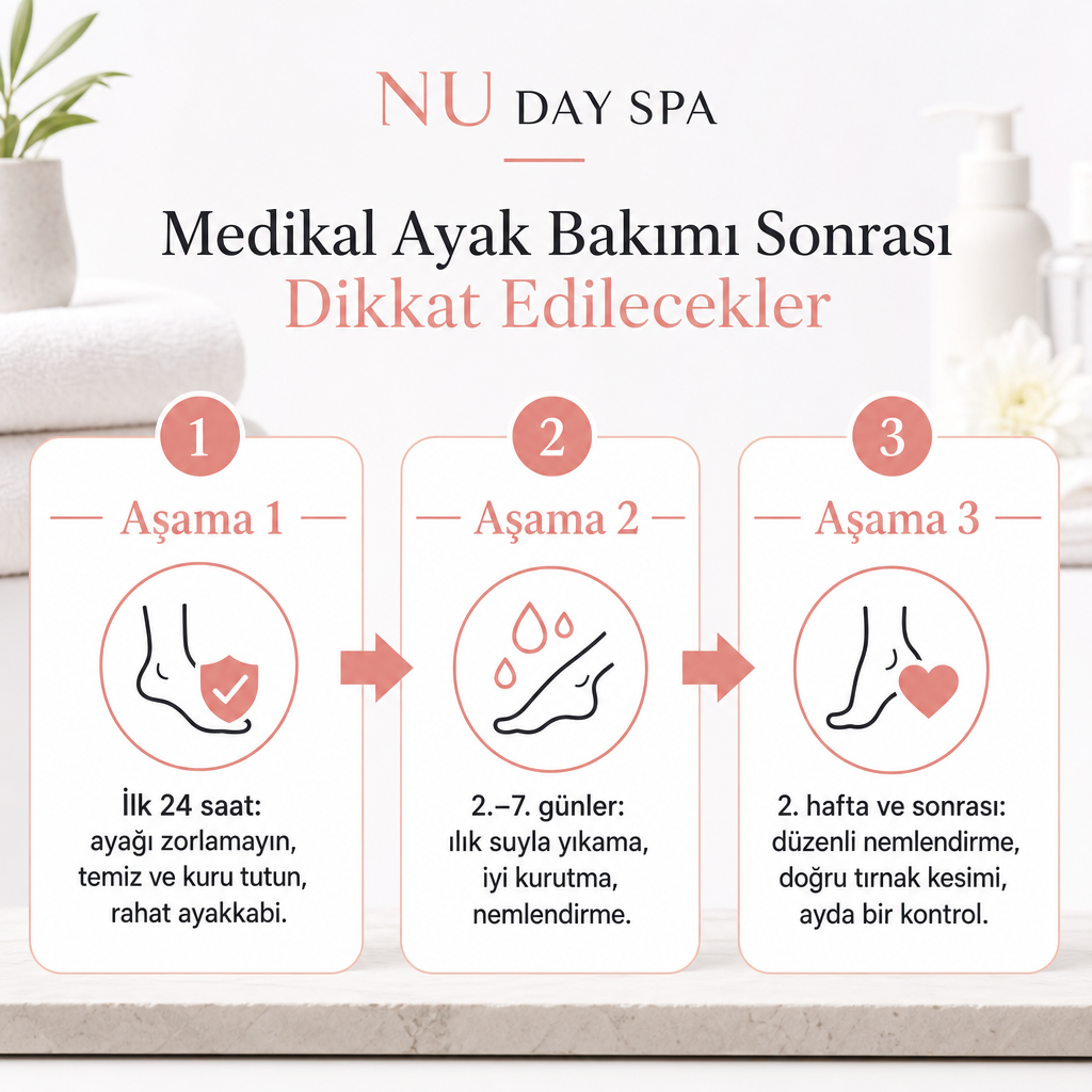 Medikal ayak bakımı sonrası üç aşamalı bakım süreci: ilk 24 saat, ilk hafta ve uzun vade