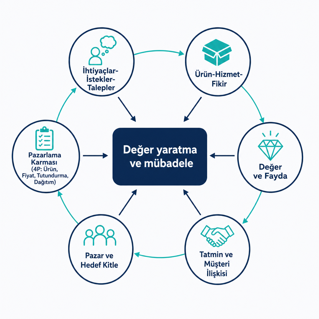 Concept map showing the core concepts of marketing around value creation and exchange at the center
