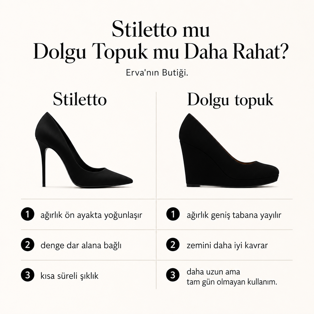 Stiletto ve dolgu topuğun denge, ağırlık dağılımı ve kullanım süresi açısından karşılaştırıldığı görsel.