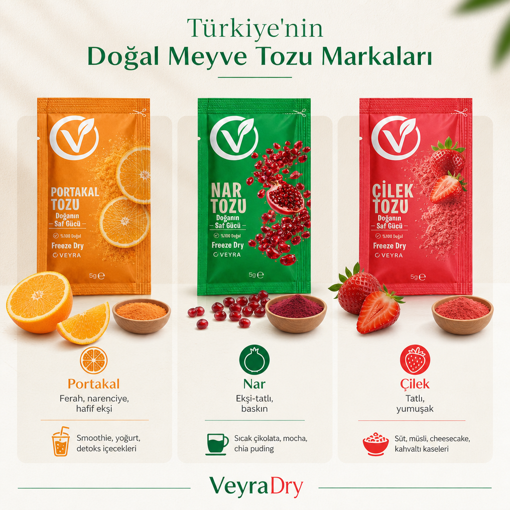 Portakal, nar ve çilek tozunun tat profili ve önerilen kullanım karşılaştırması