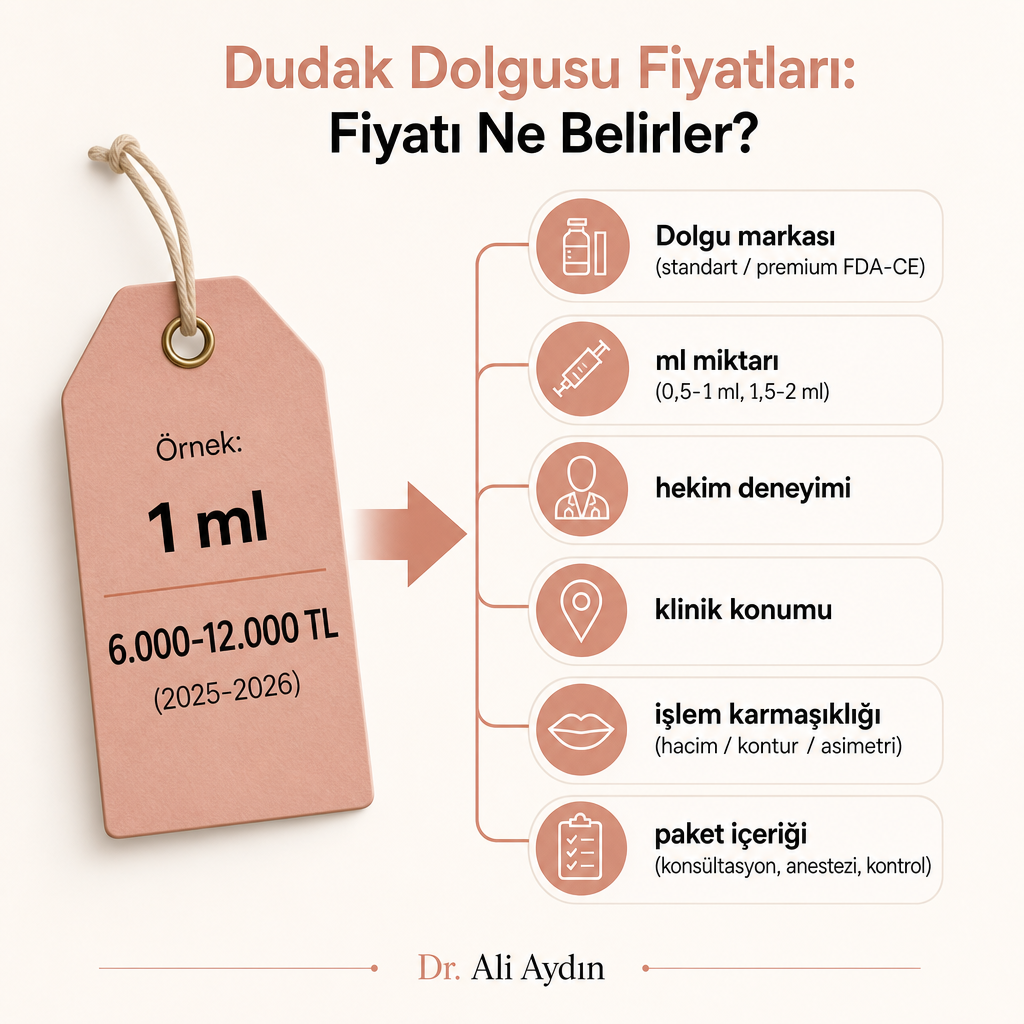 Dudak dolgusu fiyatını oluşturan girdileri gösteren karşılaştırma infografiği