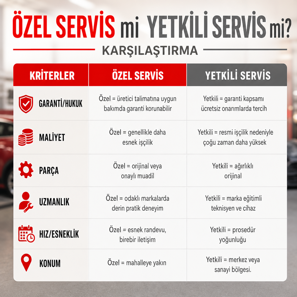 Özel servis ve yetkili servisi altı kritere göre karşılaştıran iki sütunlu görsel
