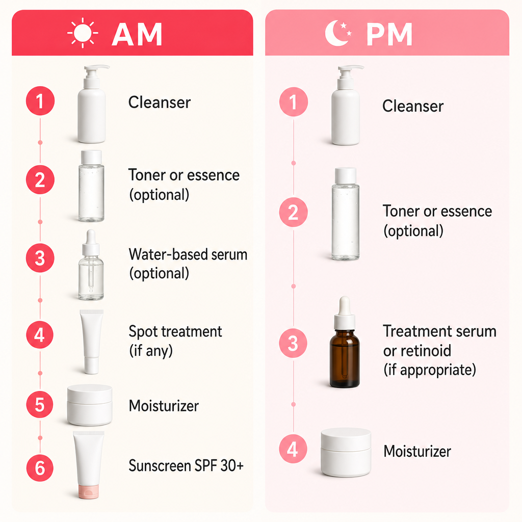 A two-column diagram showing the morning routine ending in sunscreen and the evening routine ending in moisturizer
