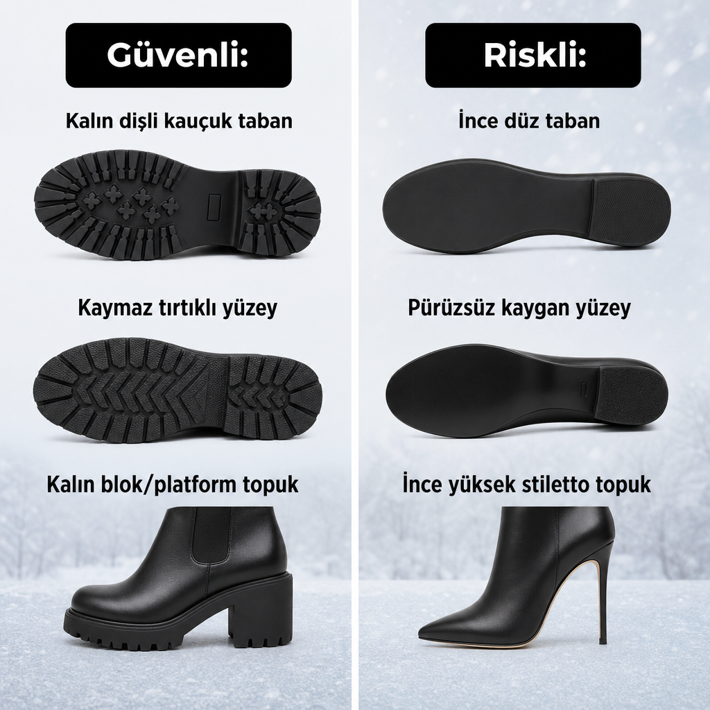 Kışlık ayakkabılarda güvenli ve riskli taban tiplerini karşılaştıran görsel.