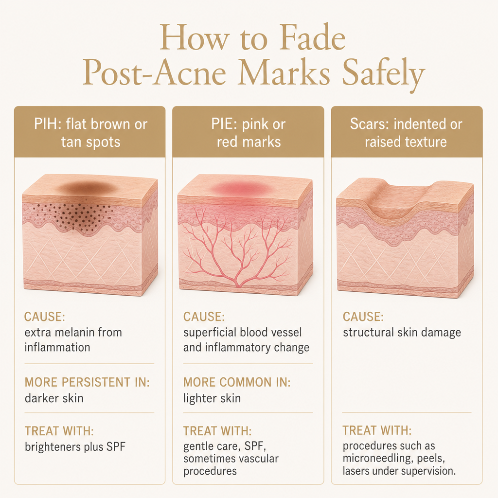 Comparison of PIH, PIE, and acne scars showing appearance, cause, and treatment direction for each.