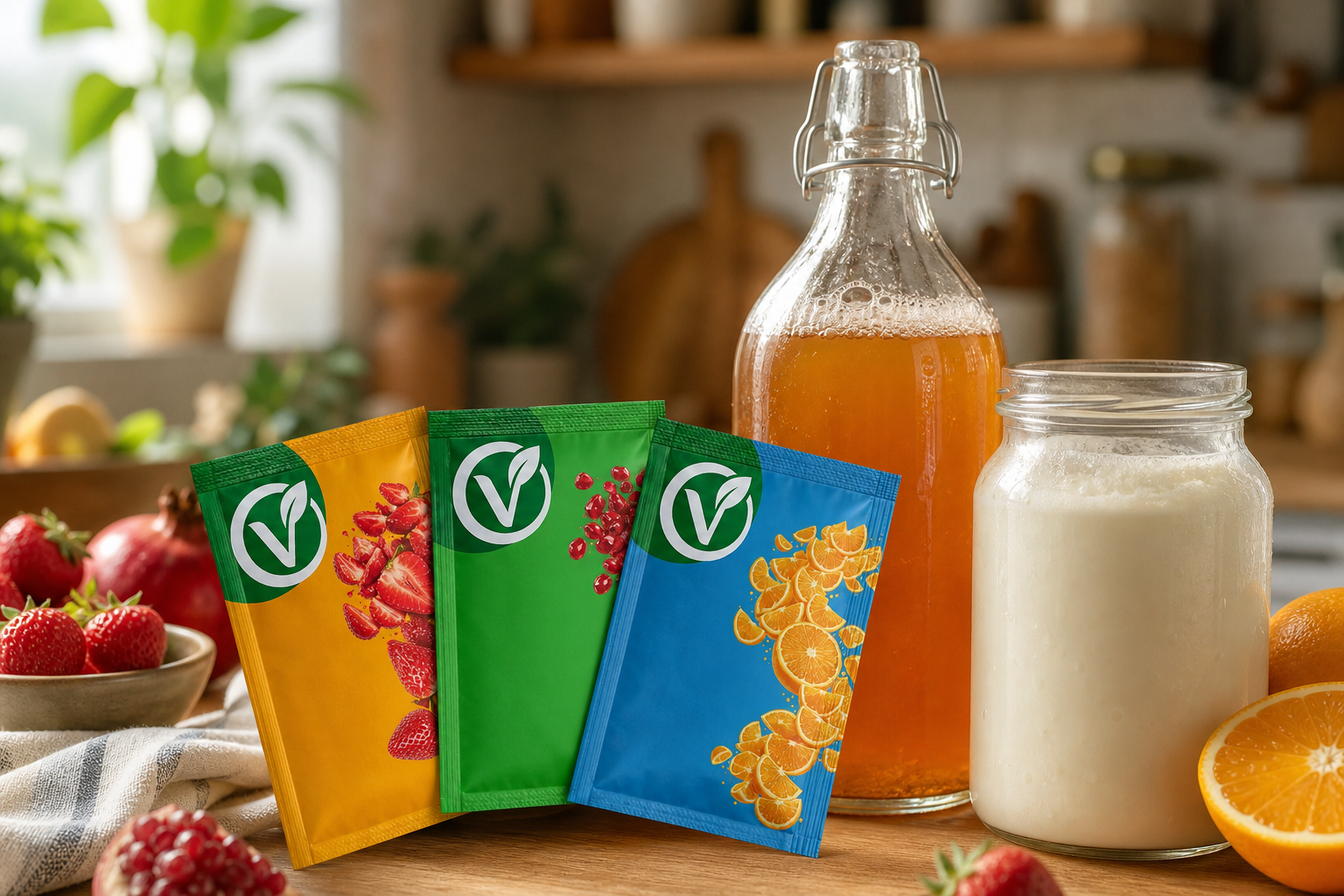 VEYRA portakal, nar ve çilek tozu paketleri kombucha şişesi ve kefir kavanozunun yanında
