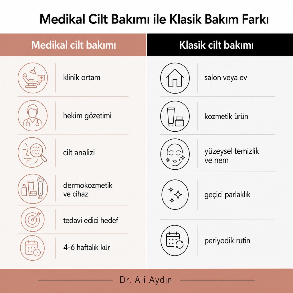 Medikal ve klasik cilt bakımını ortam, amaç, ürün ve kalıcılık açısından karşılaştıran iki sütunlu görsel