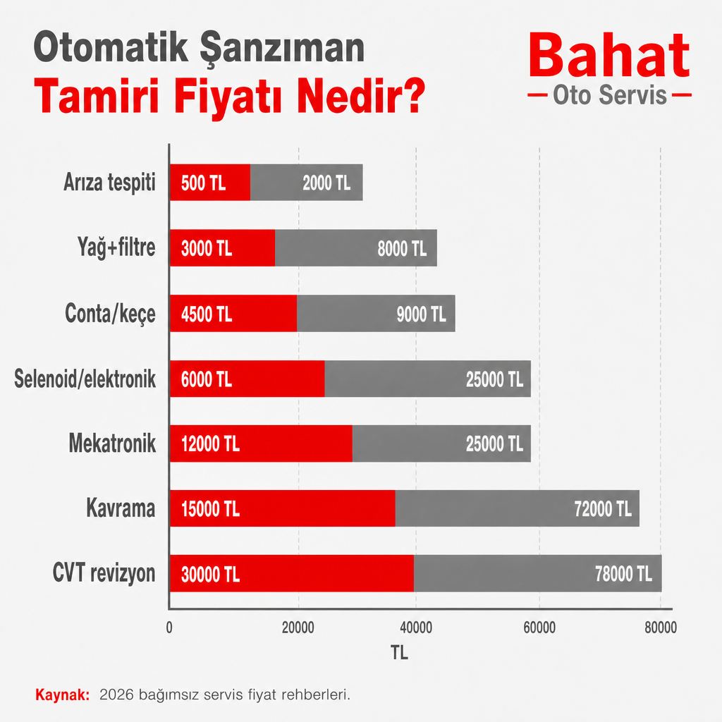 Otomatik şanzıman işlemlerinin 2026 TL fiyat aralıklarını gösteren çubuk grafik
