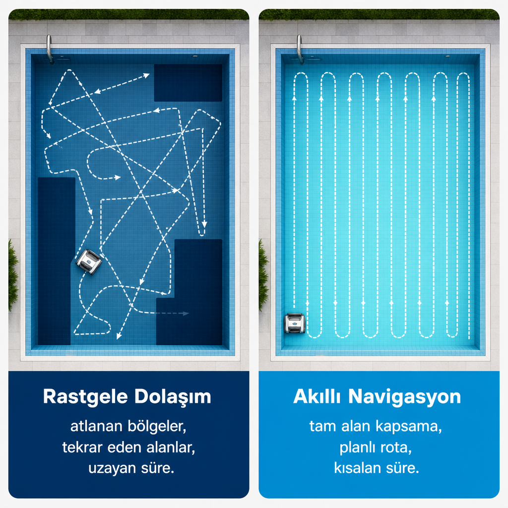 Rastgele dolaşan robot ile akıllı navigasyonlu robotun havuz kapsama rotalarını karşılaştıran şema.