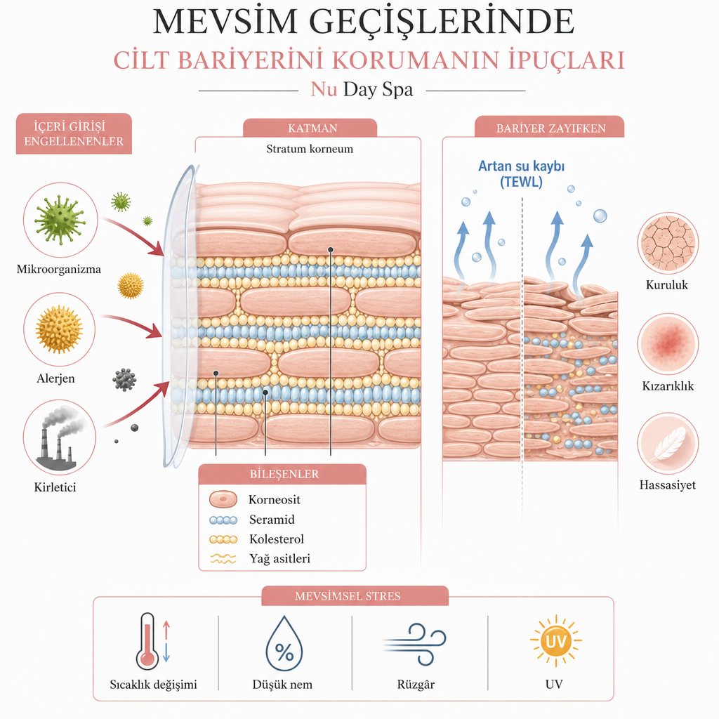 Cilt bariyerinin katmanlarını ve mevsimsel stres faktörlerinin bariyer üzerindeki etkisini gösteren kesit diyagramı.