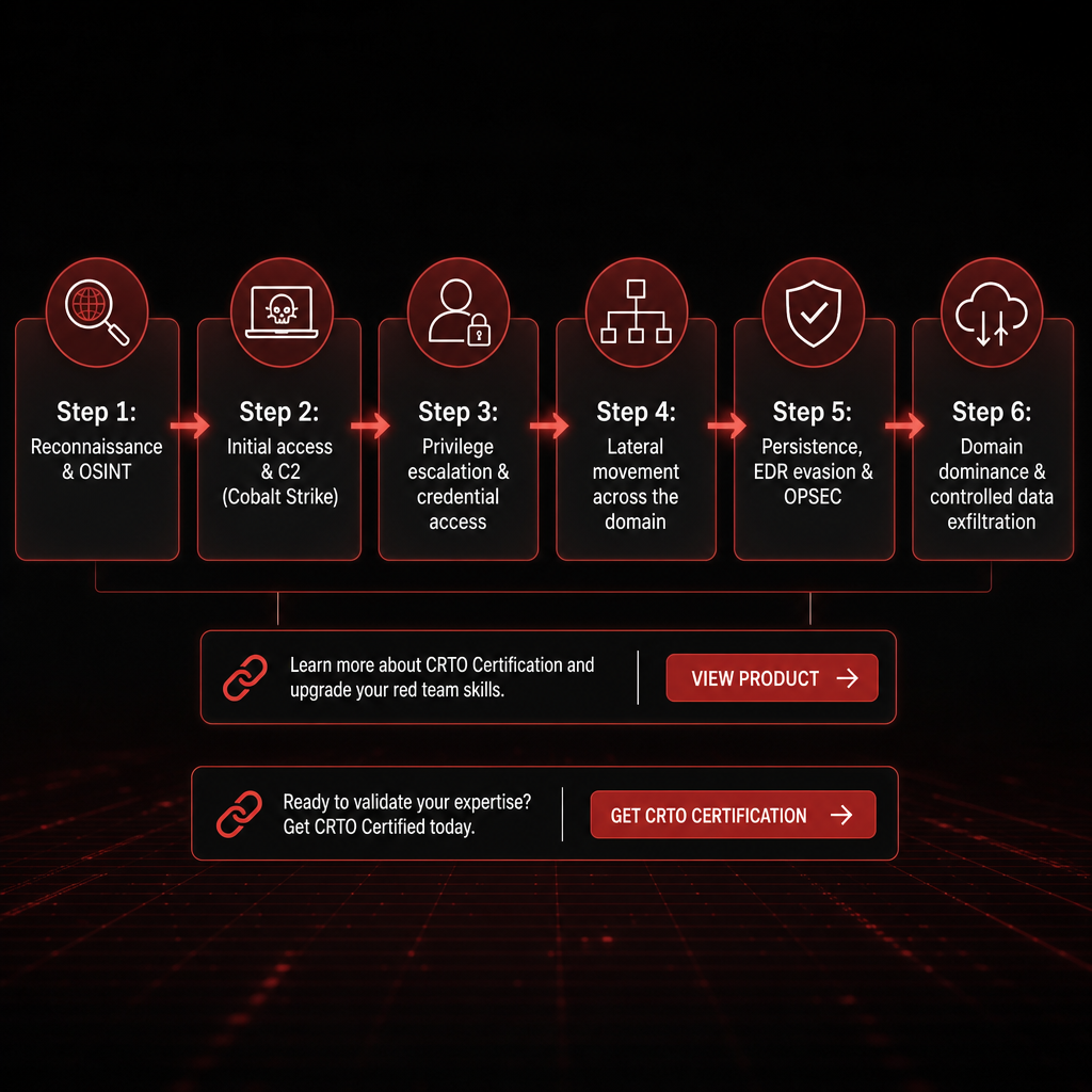 Six-step process diagram of the CRTO red team attack lifecycle from reconnaissance to data exfiltration