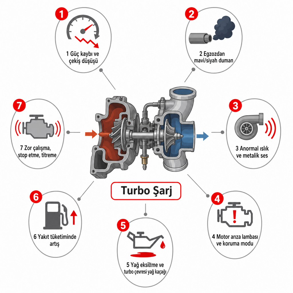Turbo şarj sisteminin şeması etrafında yedi arıza uyarı işaretini gösteren bilgi diyagramı