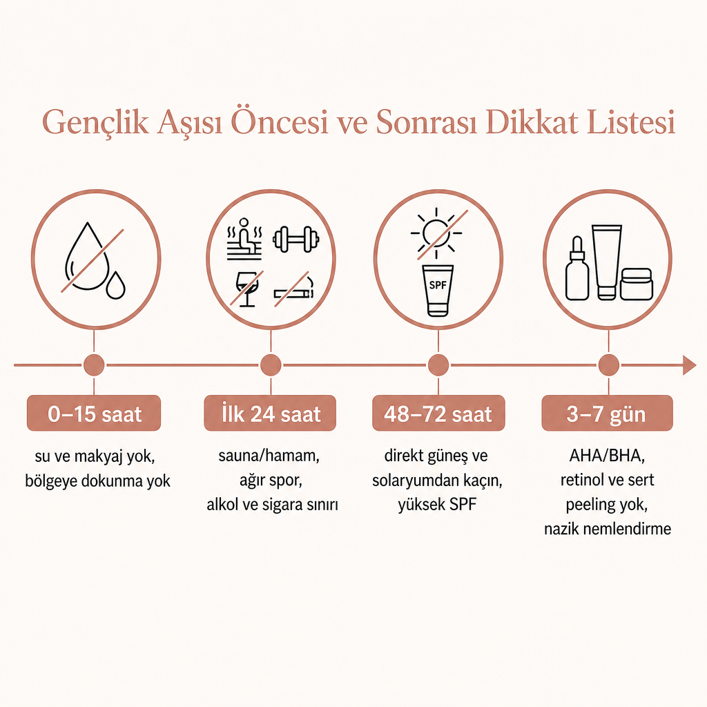 Gençlik aşısı sonrası ilk saatlerden ilk haftaya kadar korunma adımlarını gösteren zaman çizelgesi
