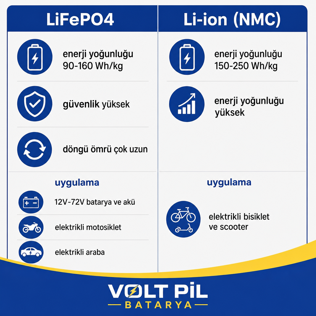 LiFePO4 ve Li-ion NMC kimyalarının enerji yoğunluğu ve uygulama alanlarını karşılaştıran görsel