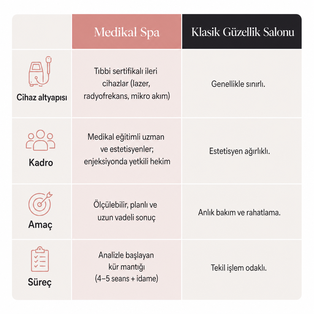 Medikal spa ile klasik güzellik salonunu cihaz, kadro, amaç ve süreç açısından karşılaştıran tablo görseli.