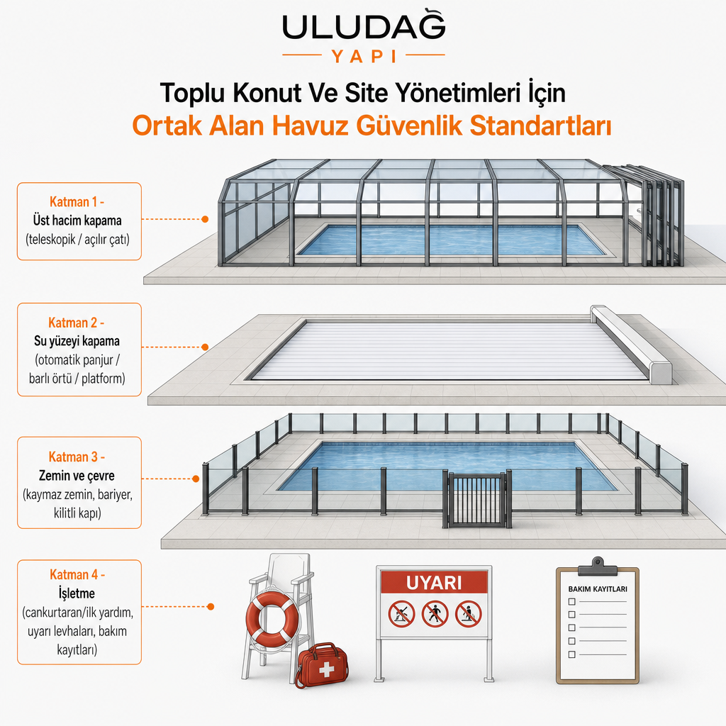 Site havuzu güvenliğini üst hacim, su yüzeyi, zemin-çevre ve işletme olarak dört katmanda gösteren diyagram