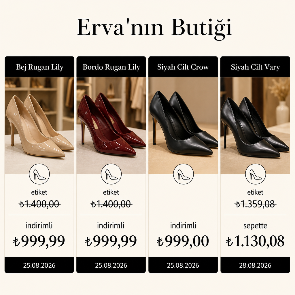 Dört stiletto modelinin 2026 etiket ve indirimli fiyatlarını karşılaştıran görsel