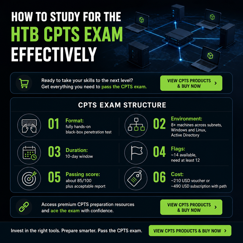 Infographic summarizing CPTS format, environment size, duration, flag count, passing score, and cost