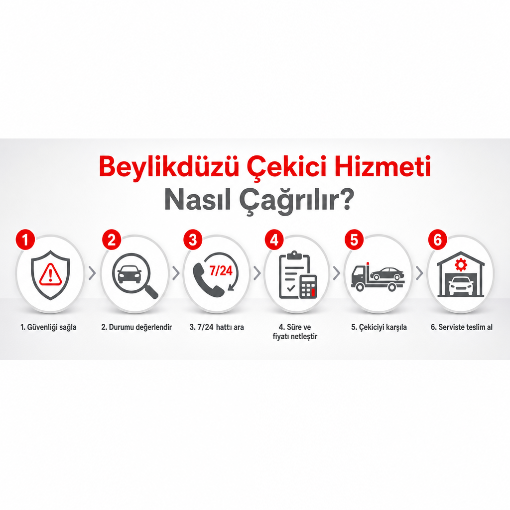 Beylikdüzü çekici çağırma sürecinin altı adımını gösteren süreç şeması
