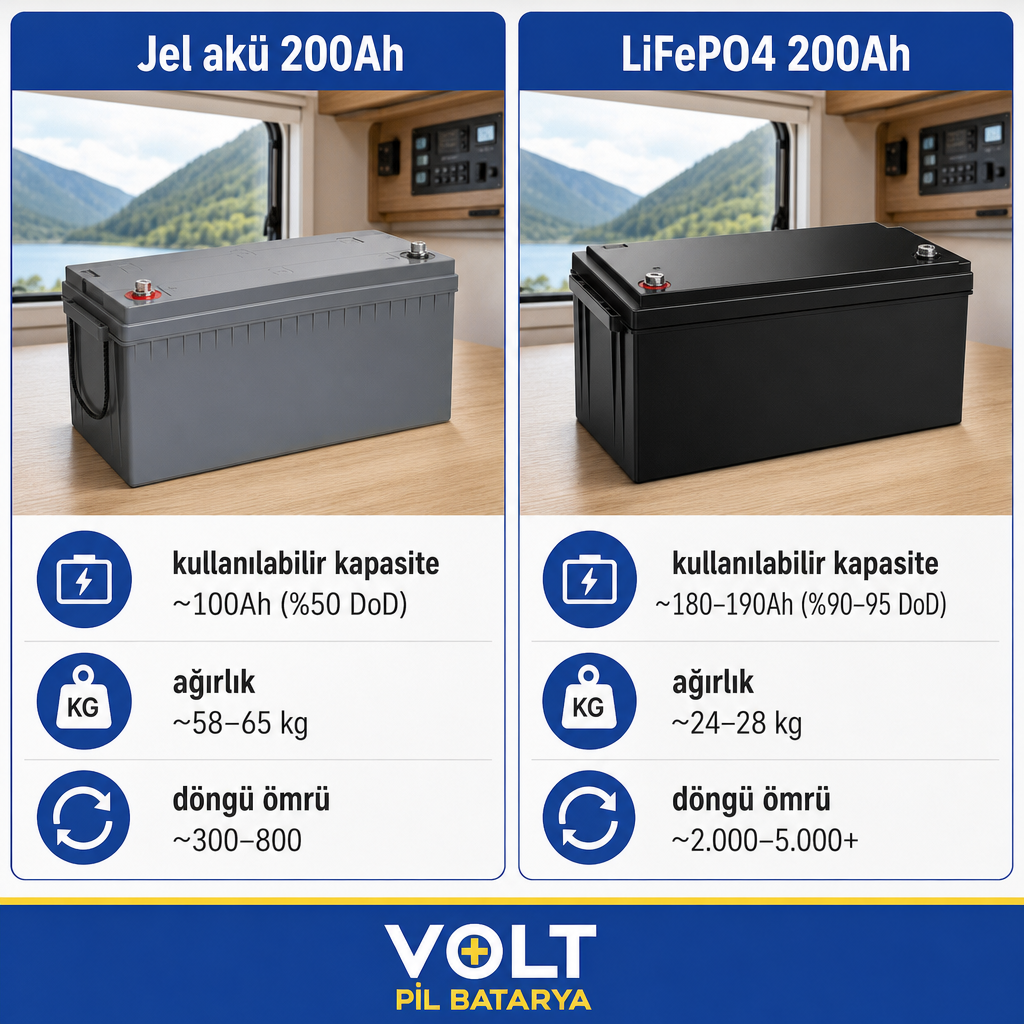 Jel akü ile LiFePO4 akünün kullanılabilir kapasite, ağırlık ve döngü ömrü açısından karşılaştırması