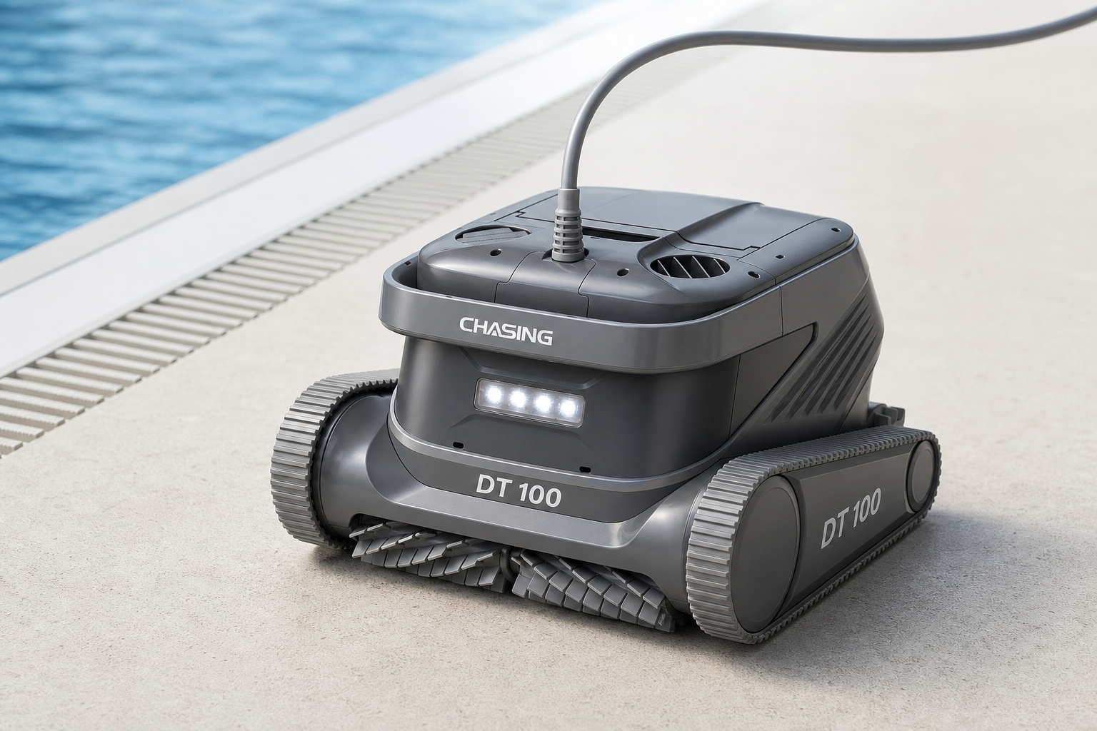 Yarı olimpik havuzlar için Chasing DT 100 kablolu havuz temizleme robotu, önden sol açıyla